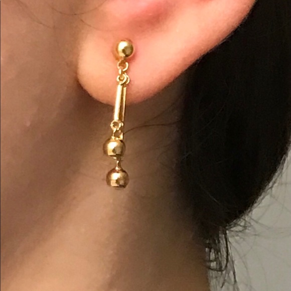 14K Gold Beaded Log Long Drop Earrings! - Picture 3 of 3